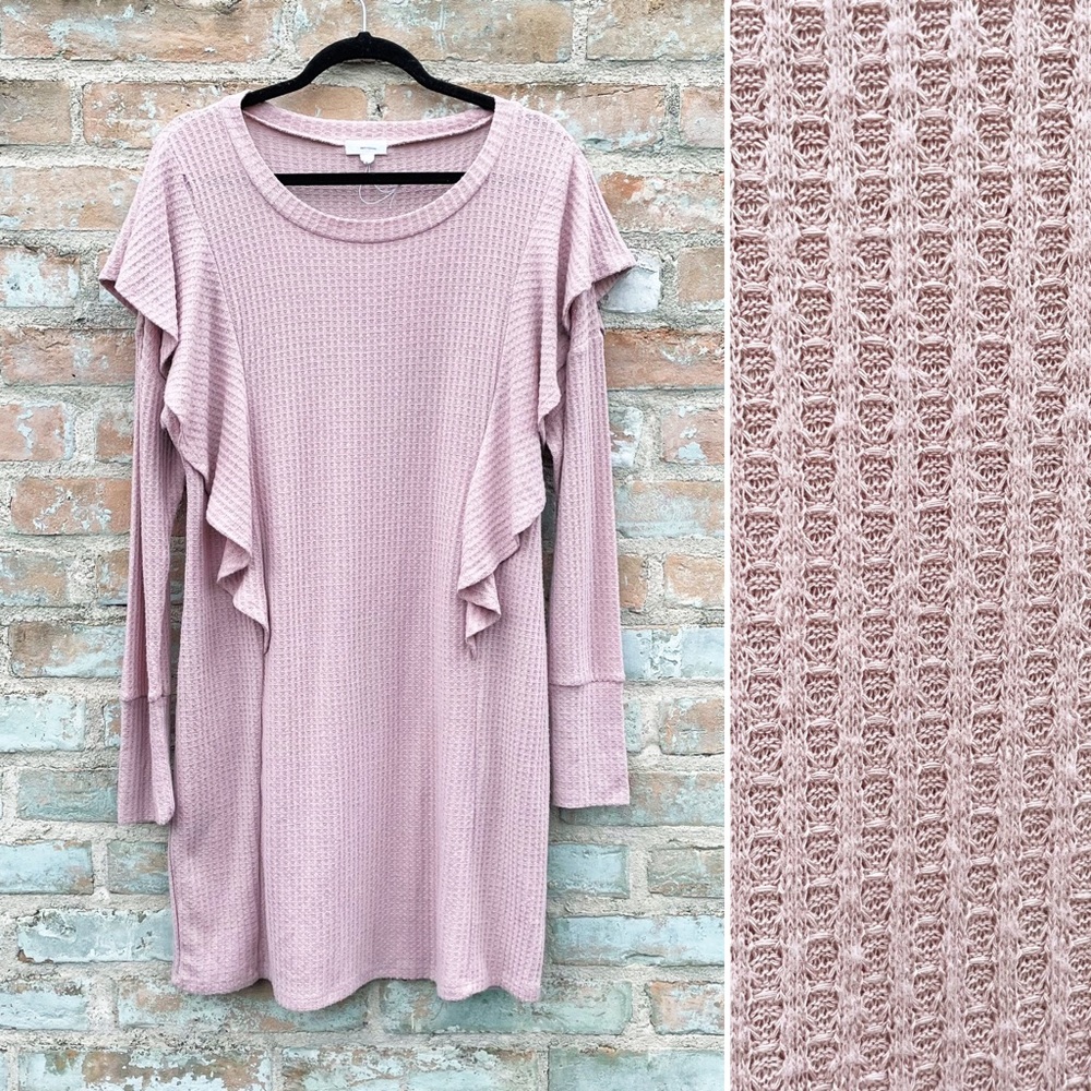 C Label Dress Mauve Pink Thermal Waffle Knit Stretch Ruffle Sweater Sheath XL